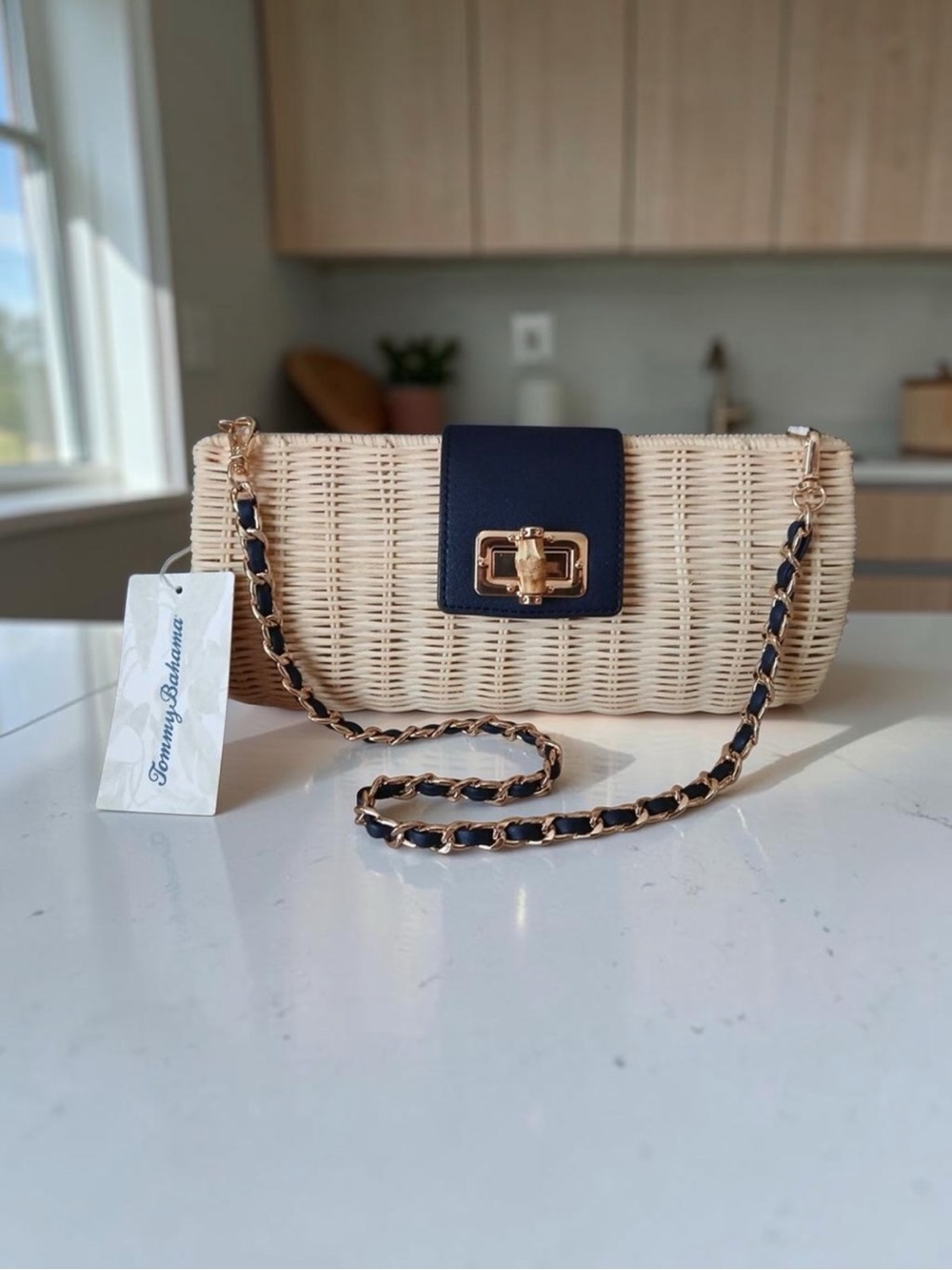 NEW Tommy Bahama Natural Wicker Clutch Shoulder Bag Black Leather Gold Chain NWT